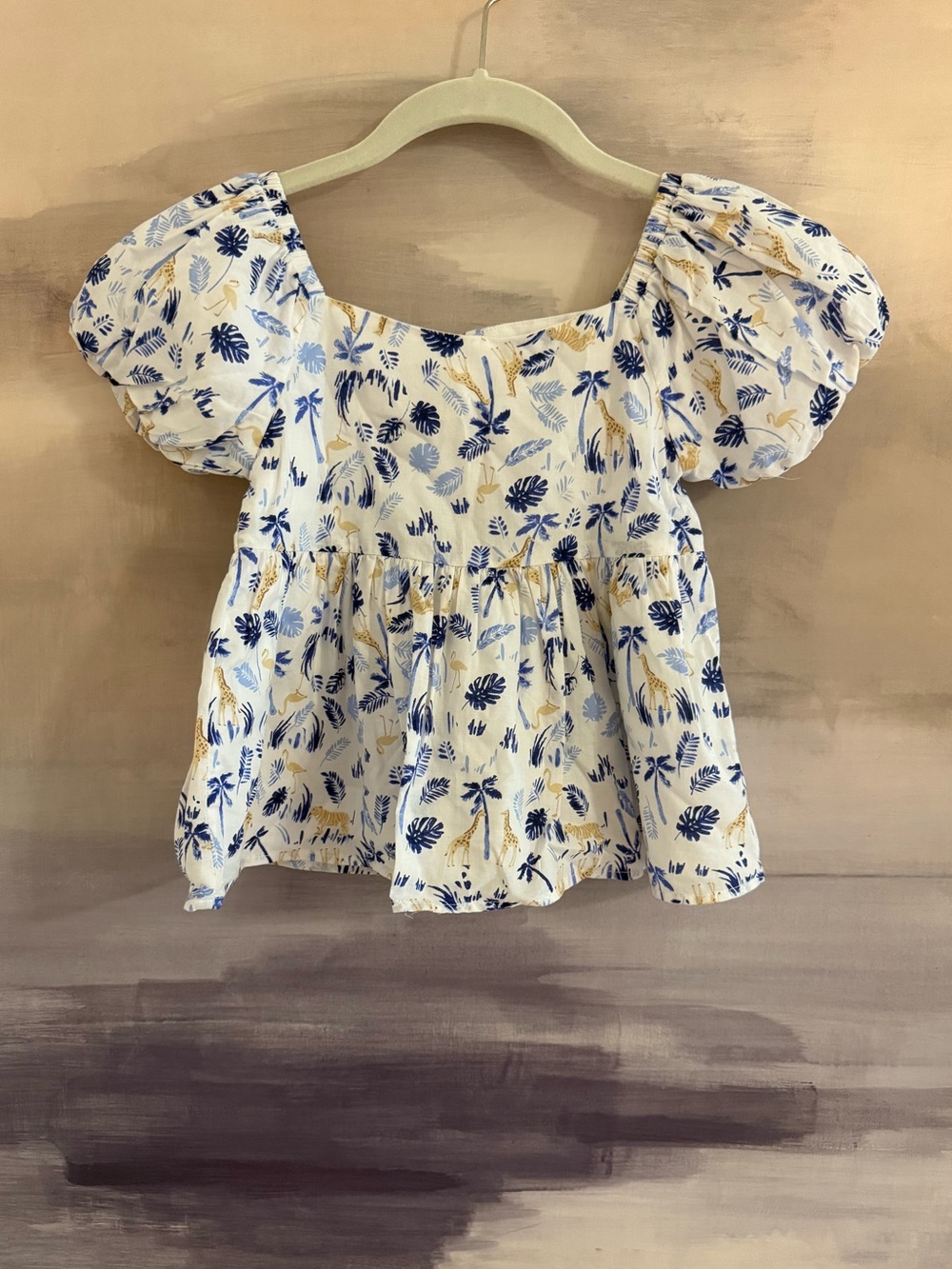 Girls Square-Neck Puff Sleeve Top Giraffe Flamingo Tropical Safari Blue & Yellow